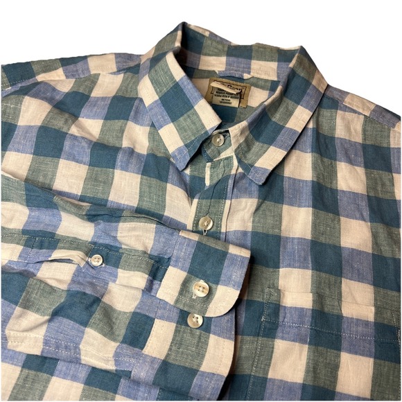 LL Bean Men's Large 100% Linen Peach Gingham Check Slightly Fitted Button Up - Picture 1 of 7
